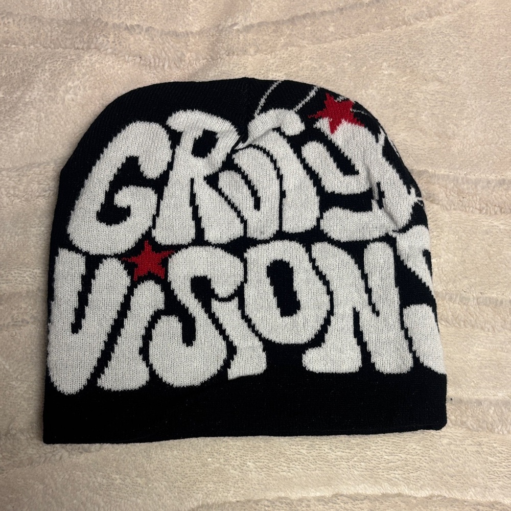 Groovy Vision Black Beanie with White Logo and Red Stars